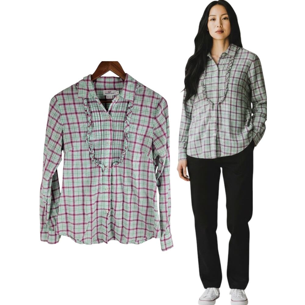 Vineyard Vines Ruffle Button Up Long Sleeve Top Light Green size 4